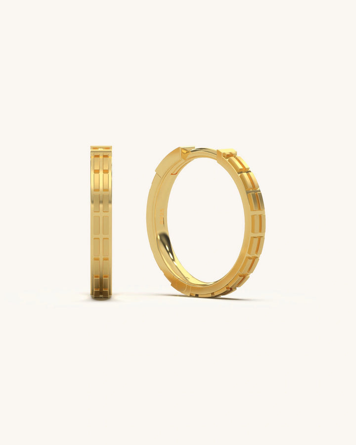 Contemporary Rectangular Groove Hoops in 18KT Gold Vermeil 925 Sterling Silver, featuring distinctive cut-out rectangular grooves.