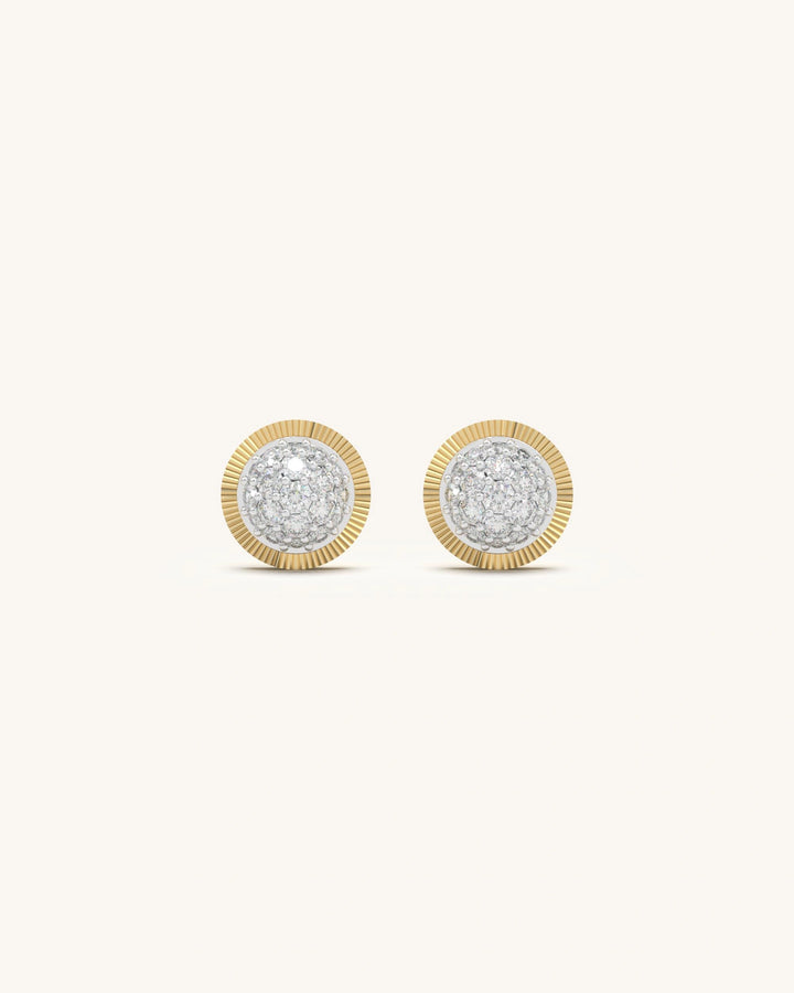 Close-up of Radiant Moissanite Stud Earrings in 18KT Gold Vermeil Sterling Silver with a sunburst design.