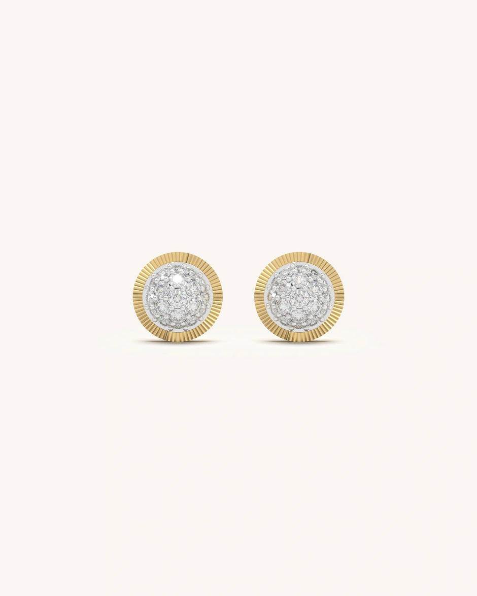 Close-up of Radiant Moissanite Stud Earrings in 18KT Gold Vermeil Sterling Silver with a sunburst design.