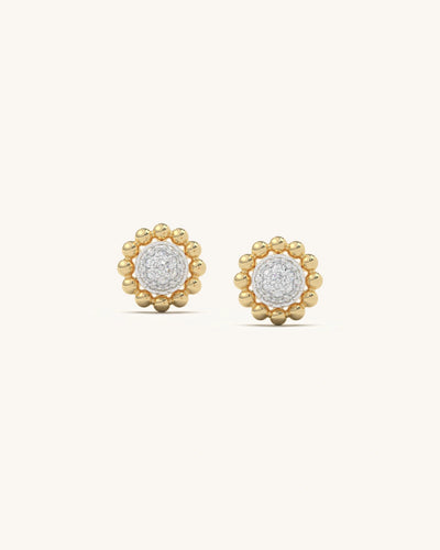 Close-up of Beaded Moissanite Stud Earrings in 18KT Gold Vermeil Sterling Silver with fine golden beads.