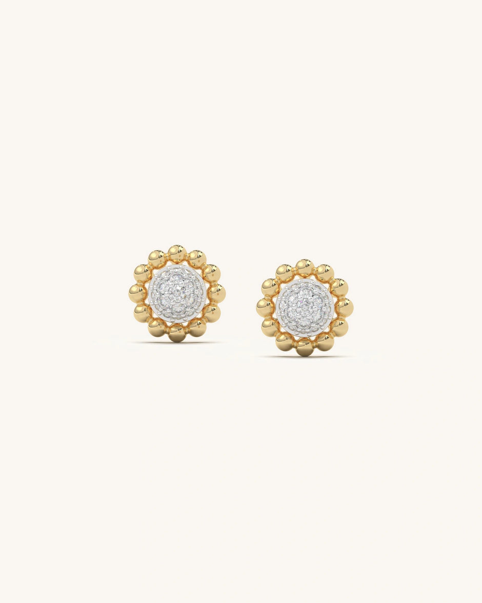 Close-up of Beaded Moissanite Stud Earrings in 18KT Gold Vermeil Sterling Silver with fine golden beads.