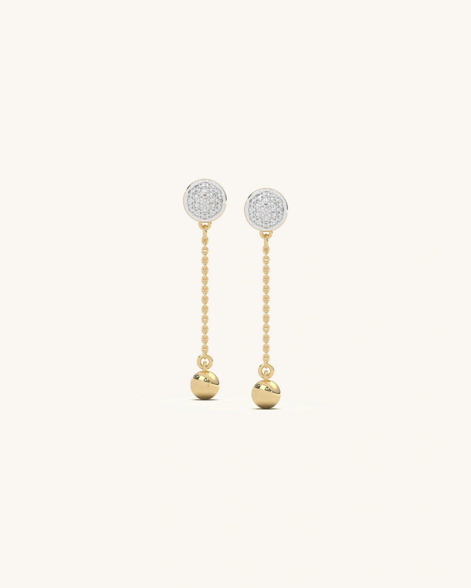 Elegant chain drop earrings in 18KT gold vermeil with shimmering moissanite diamonds on a white background
