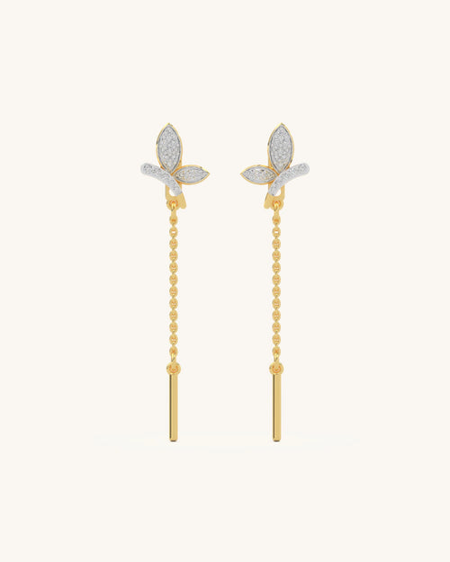 A pair of elegant long leaf earrings with three moissanite-filled wings, crafted in 18K gold vermeil and 925 sterling silver.