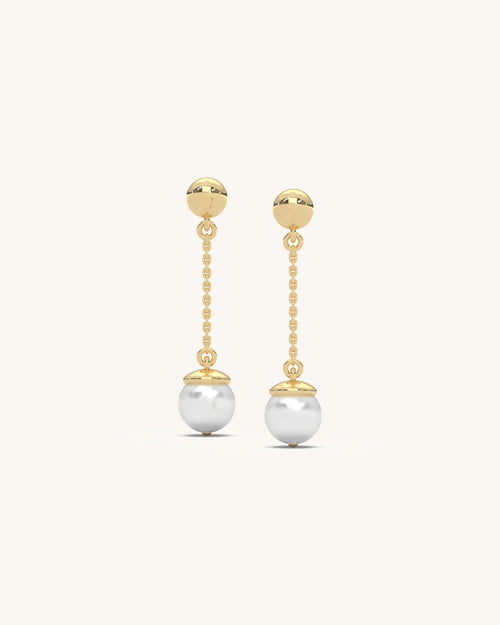 Elegant Drop Pearl Earrings with gold chain and white luminous pearl on a fine gold chain