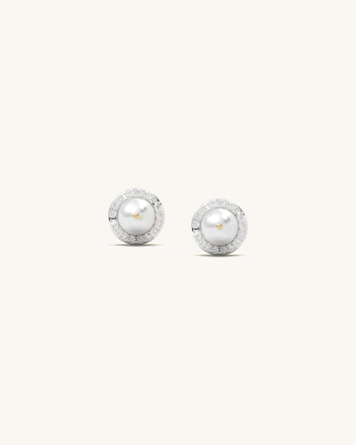 Close-up of 18K gold vermeil 925 sterling silver pearl stud earrings with Moissanite halo from SHAYN jewelry