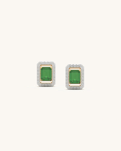 Pair of emerald-cut halo studs with moissanite diamonds in 18KT gold vermeil sterling silver