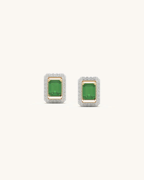 Pair of emerald-cut halo studs with moissanite diamonds in 18KT gold vermeil sterling silver