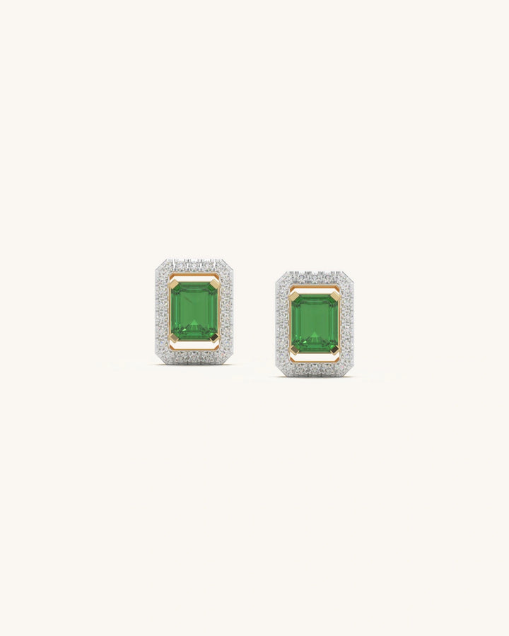 Pair of emerald-cut halo studs with moissanite diamonds in 18KT gold vermeil sterling silver