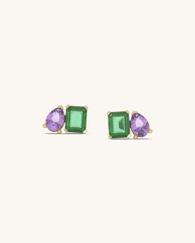 Asymmetric twin gem stud earrings with green stone and sapphire in 18KT gold vermeil