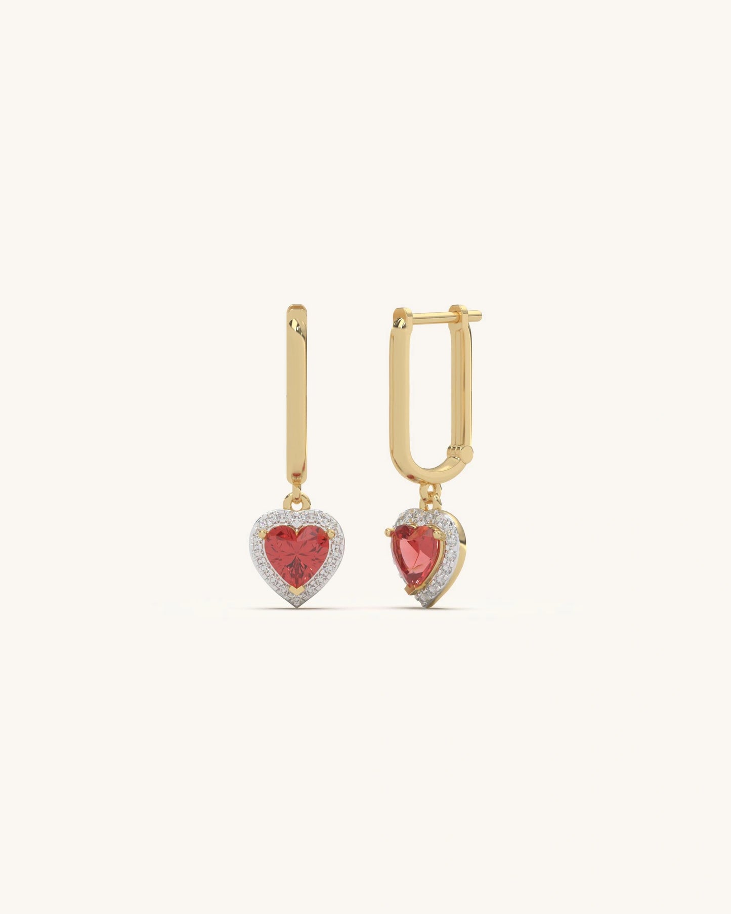 Heart Halo Drop Earrings 18K Gold Vermeil Moissanite Red Stone