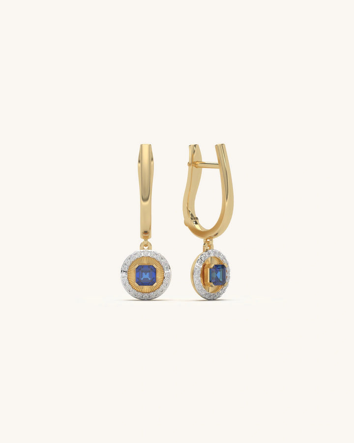 Sunburst Drop Earrings 18K Gold Vermeil Moissanite Blue Stone