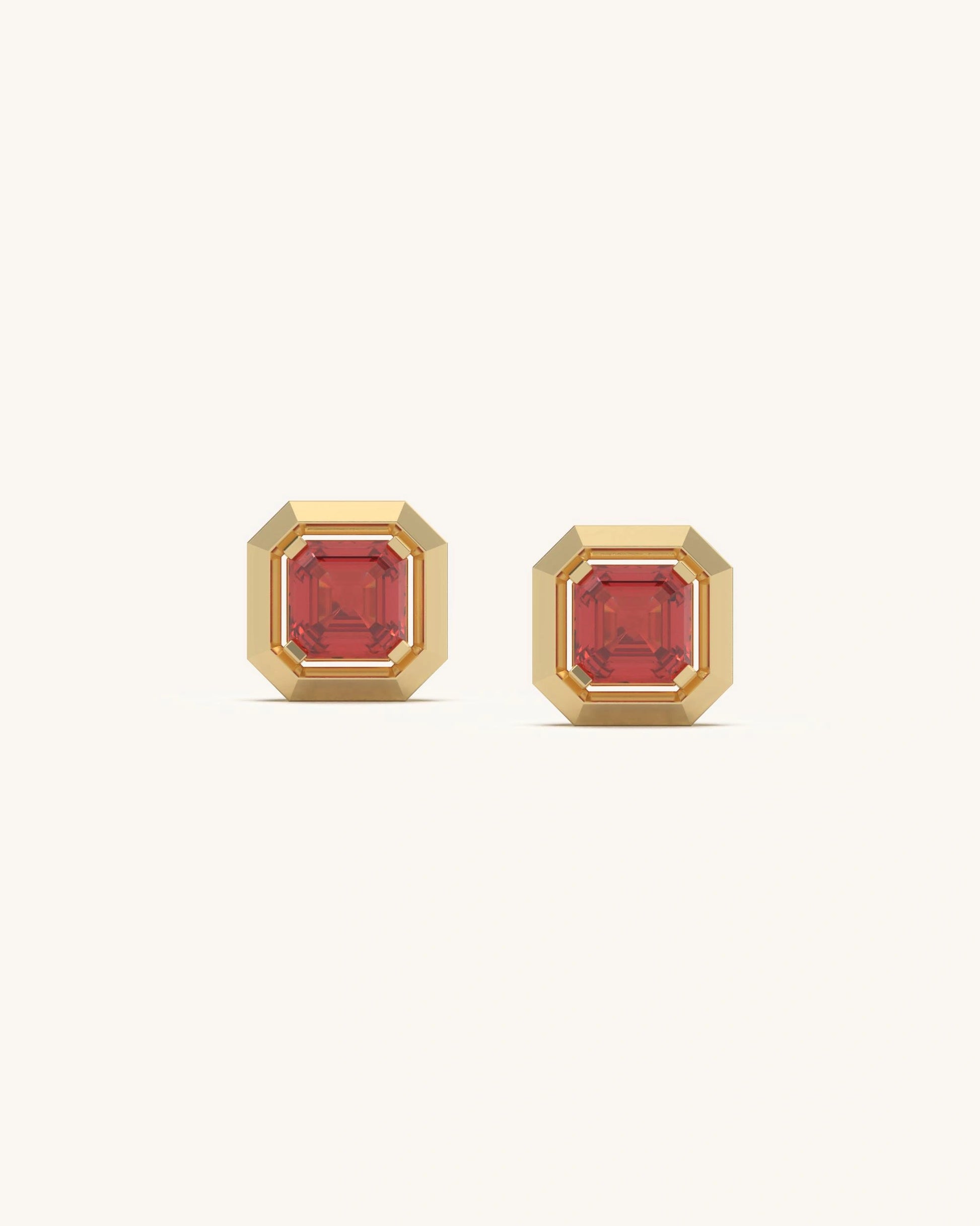 Ruby Classic Stud Earrings 18K Gold Vermeil Red Stone Square