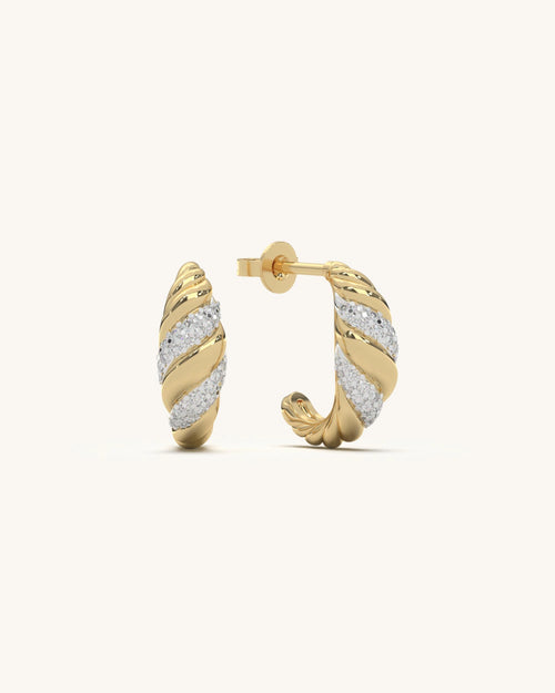 Swirl Gold Earrings 18K Gold Vermeil with Moissanite Diamonds on White Background