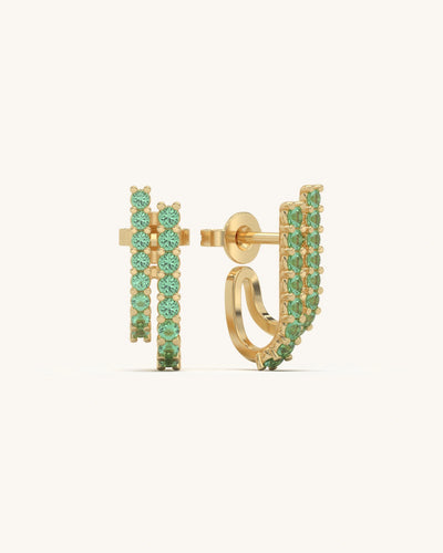 Pair of double row green stone earrings in 18KT gold vermeil and 925 sterling silver, gold tone finish
