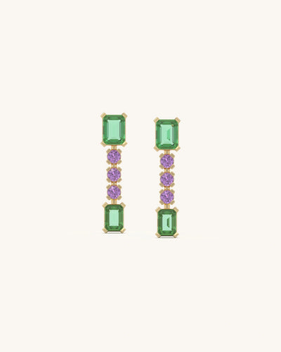 SHAYN Green Pink Linear Dangler Earrings in 18K Gold Vermeil with Geometric Design
