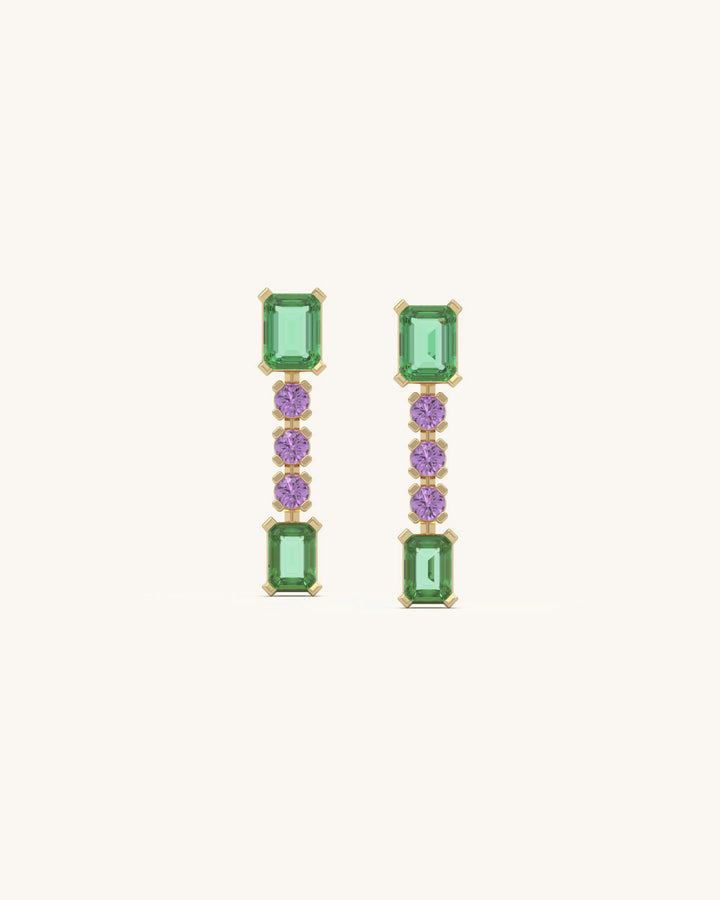 SHAYN Green Pink Linear Dangler Earrings in 18K Gold Vermeil with Geometric Design