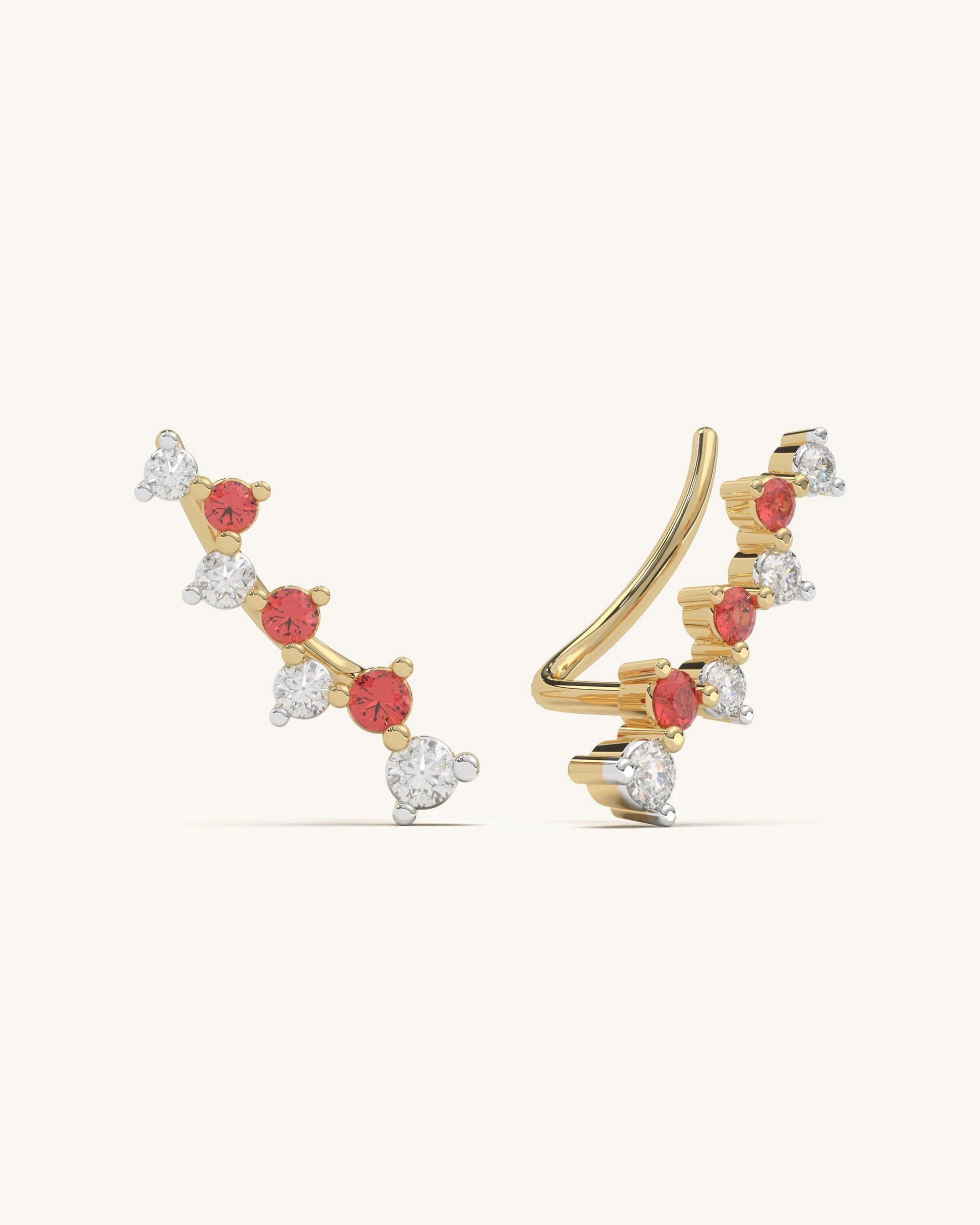 SHAYN Red White Climber Earrings with Moissanite Diamonds in 18K Gold Vermeil