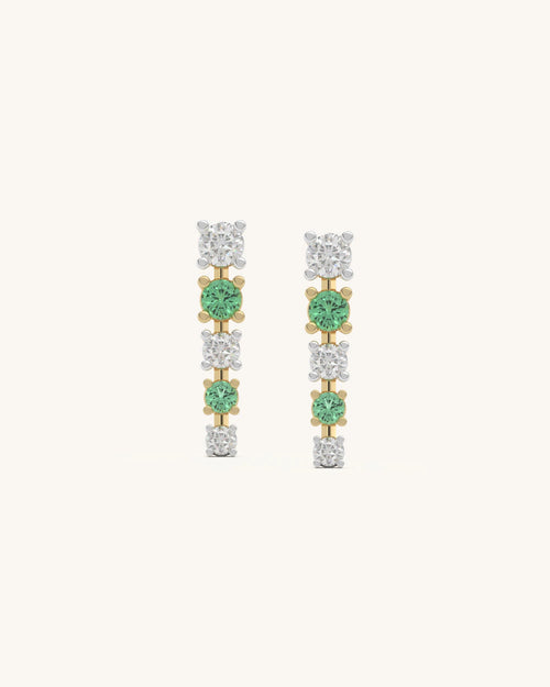 Elegant green and white line dangle earrings in 18K gold vermeil silver with moissanite and green stones.