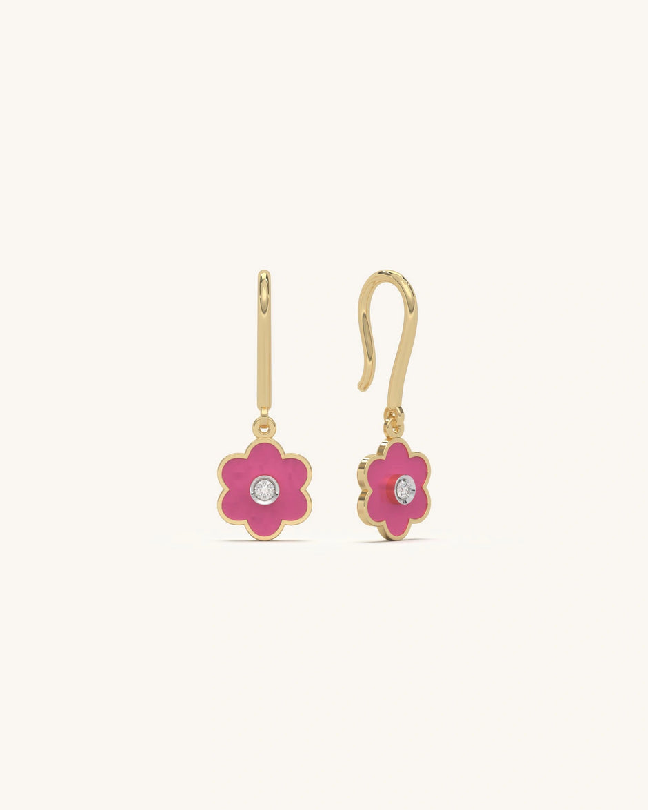 SHAYN Pink Bloom Drop Earrings in 18K Gold Vermeil on 925 Sterling Silver, featuring a pink enamel flower with a sparkling diamond center.