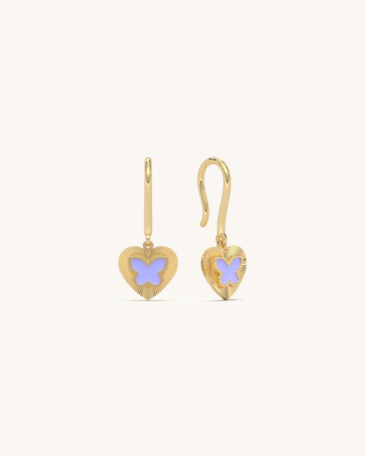 Butterfly Heart Drop Earrings Lavender Enamel 18K Gold Vermeil