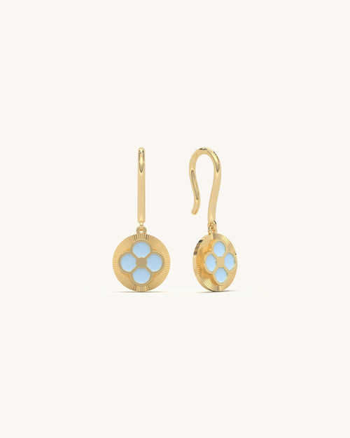Aqua Bloom earrings with light blue enamel floral design, 18KT gold vermeil 925 sterling silver drop