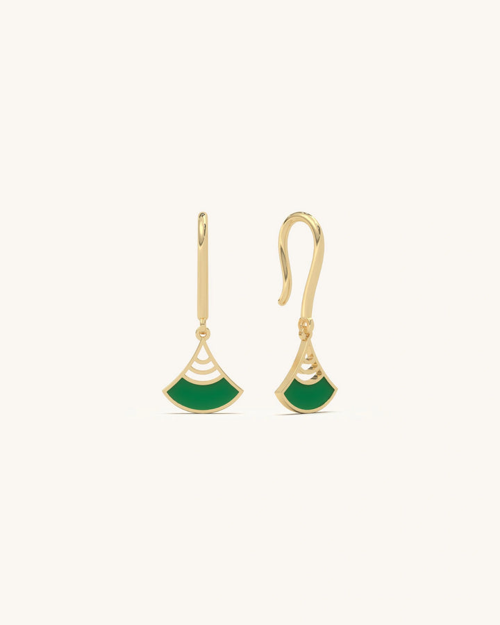Emerald Fan earrings with geometric fan-shaped green enamel drop, 18KT gold vermeil 925 sterling silver