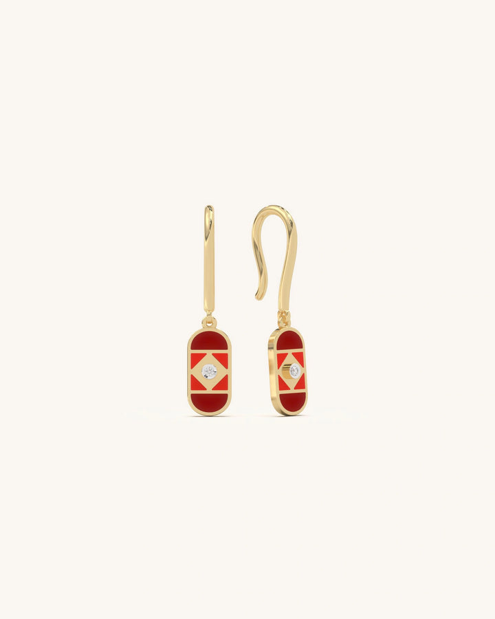 Scarlet Deco earrings with red enamel, geometric gold lines, and single diamond accent, 18KT gold vermeil 925 sterling silver