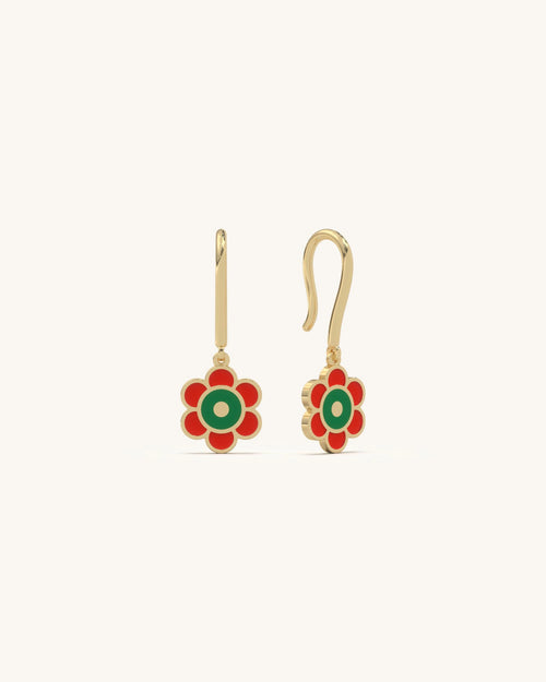 SHAYN Retro Bloom Earrings 18K Gold Vermeil Red Green Enamel Flower Motif