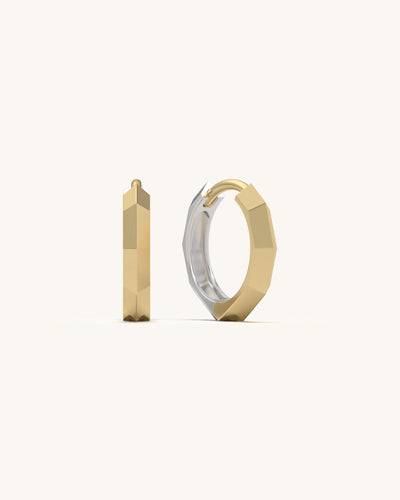 SHAYN Hexagon Huggie Earrings with a bold faceted texture, showcasing the half-gold and half-silver 18KT Gold Vermeil design.
