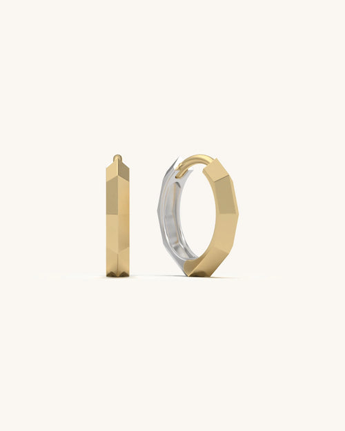 SHAYN Hexagon Huggie Earrings with a bold faceted texture, showcasing the half-gold and half-silver 18KT Gold Vermeil design.