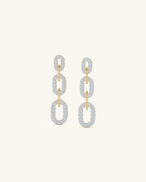 Chain earrings with triple pave oval links in 18KT Gold Vermeil