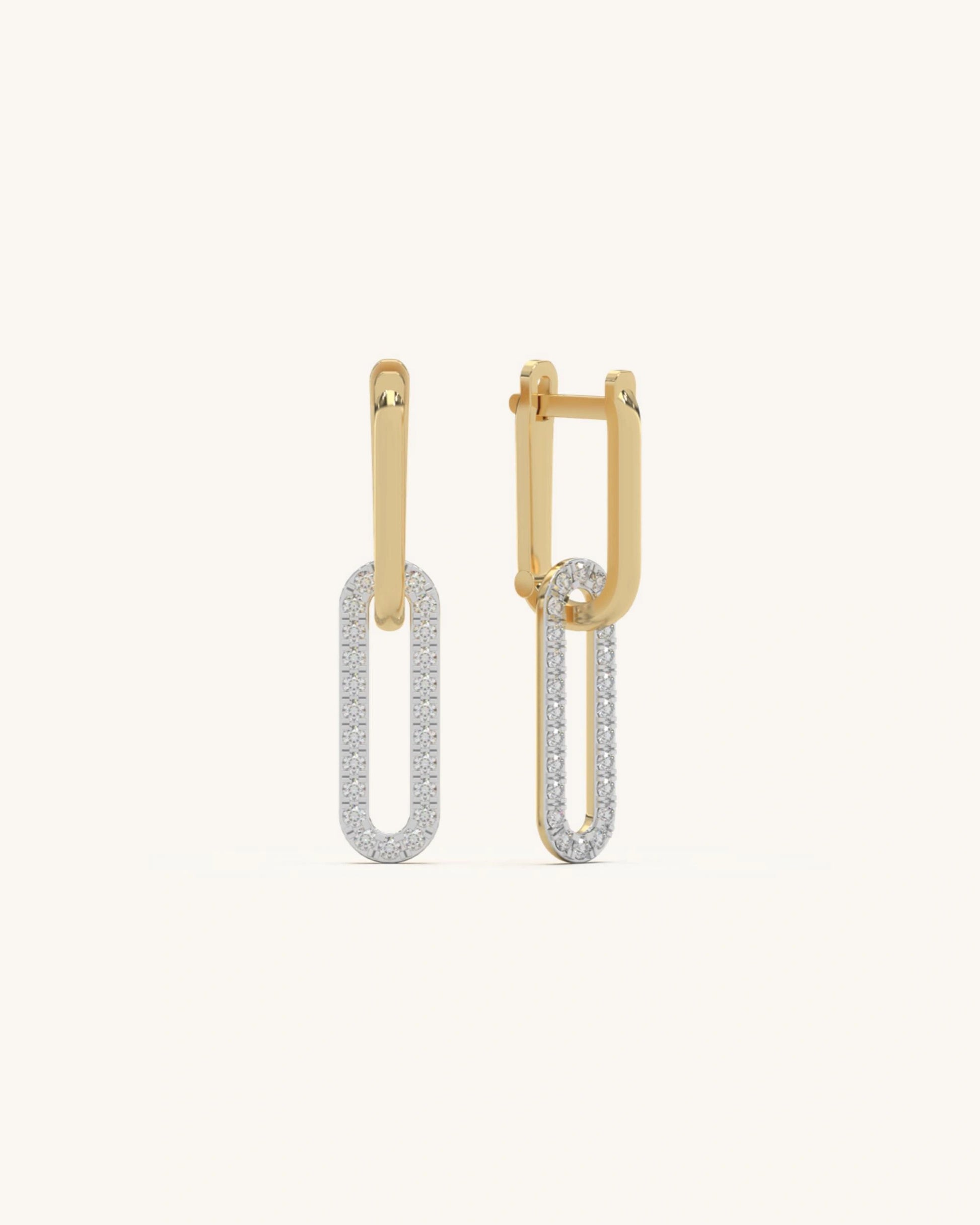 Gold earrings designs for daily use with oval pave link in 18KT Gold Vermeil