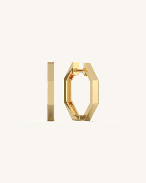 Close-up of SHAYN Octagonal Gold Hoops in 18K Gold Vermeil on 925 Sterling Silver, showcasing their geometric design
