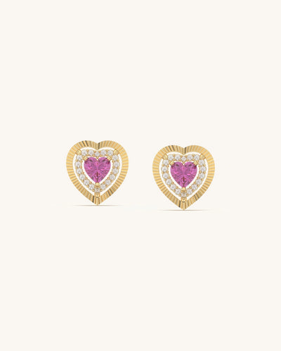 Radiant Heart Diamond Studs with pink center stones and diamond halo in 18K Gold Vermeil sterling silver
