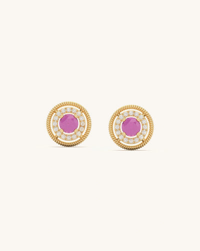 Vintage Halo Spark Studs with pink center stones and concentric diamond rings in 18K Gold Vermeil sterling silver