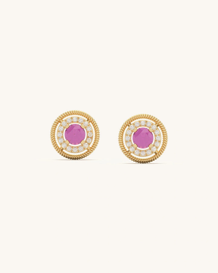 Vintage Halo Spark Studs with pink center stones and concentric diamond rings in 18K Gold Vermeil sterling silver