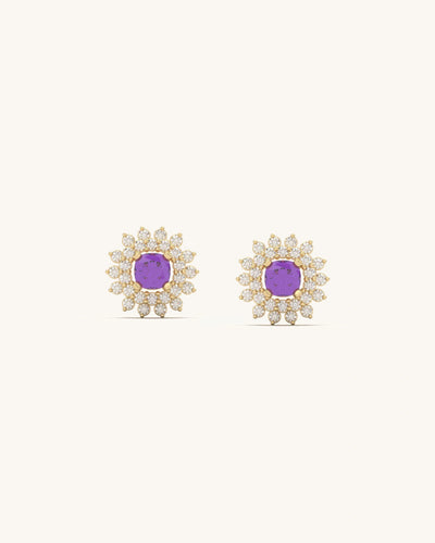 Amethyst Blossom Cluster Studs with purple center stones and layers of dazzling diamonds in 18K Gold Vermeil sterling silver