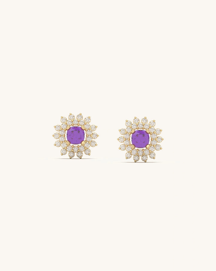 Amethyst Blossom Cluster Studs with purple center stones and layers of dazzling diamonds in 18K Gold Vermeil sterling silver
