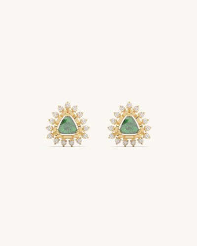 Emerald Starburst Crown Studs with green triangle stones and white diamonds in 18K gold vermeil