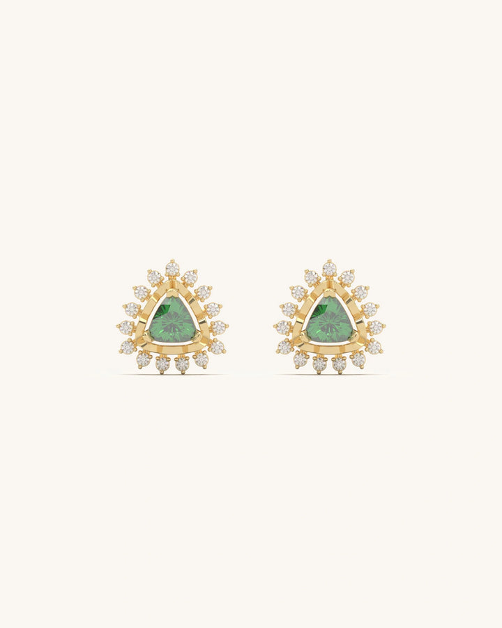Emerald Starburst Crown Studs with green triangle stones and white diamonds in 18K gold vermeil