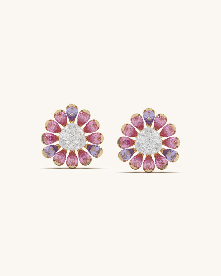Pink floral earrings round stud in 8KT Gold Vermeil for women