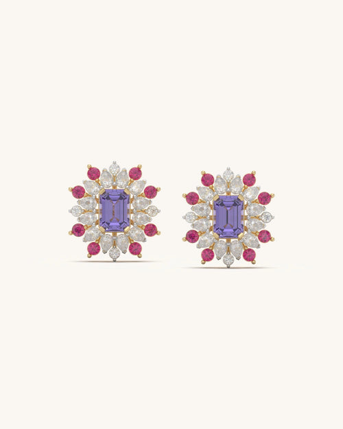 Blue stone earrings floral statement studs in 8KT Gold Vermeil