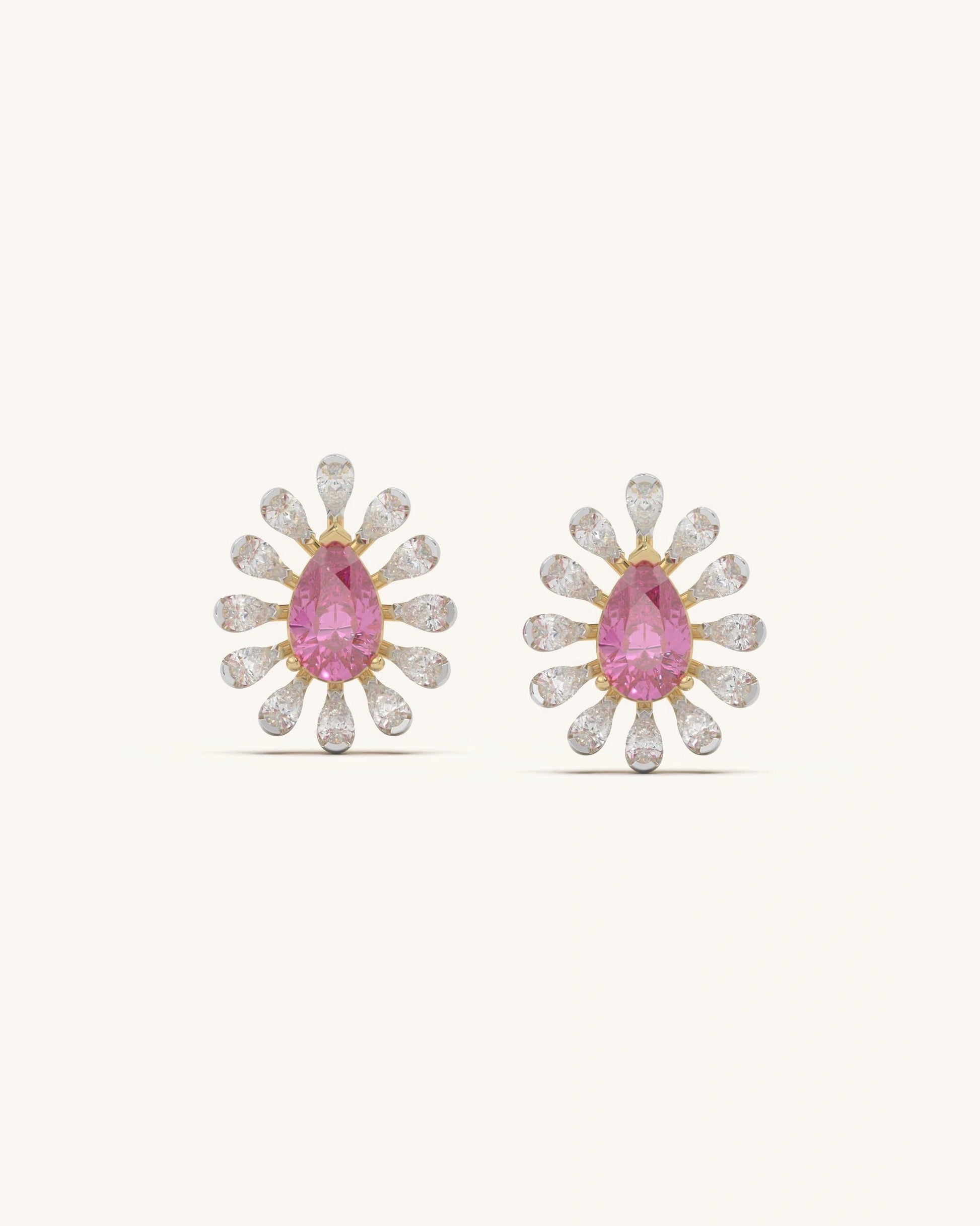 Pink stone earrings with pear Mossanite floral drop design in 8KT Gold Vermeil