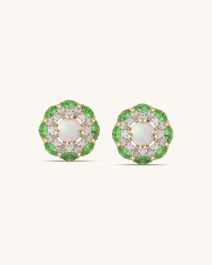 Green stone earrings floral stud in 8KT Gold Vermeil for working professionals