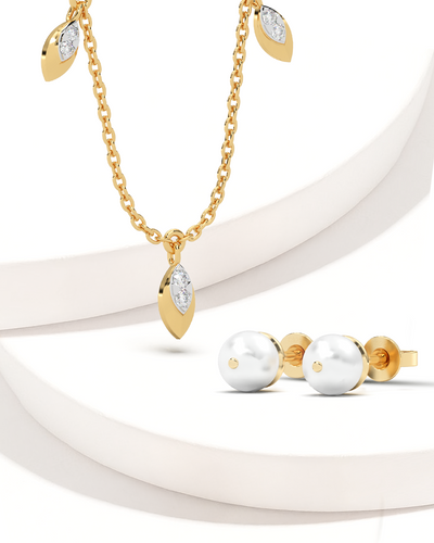 Leaf Drop Necklace & Simple Pearl Earrings