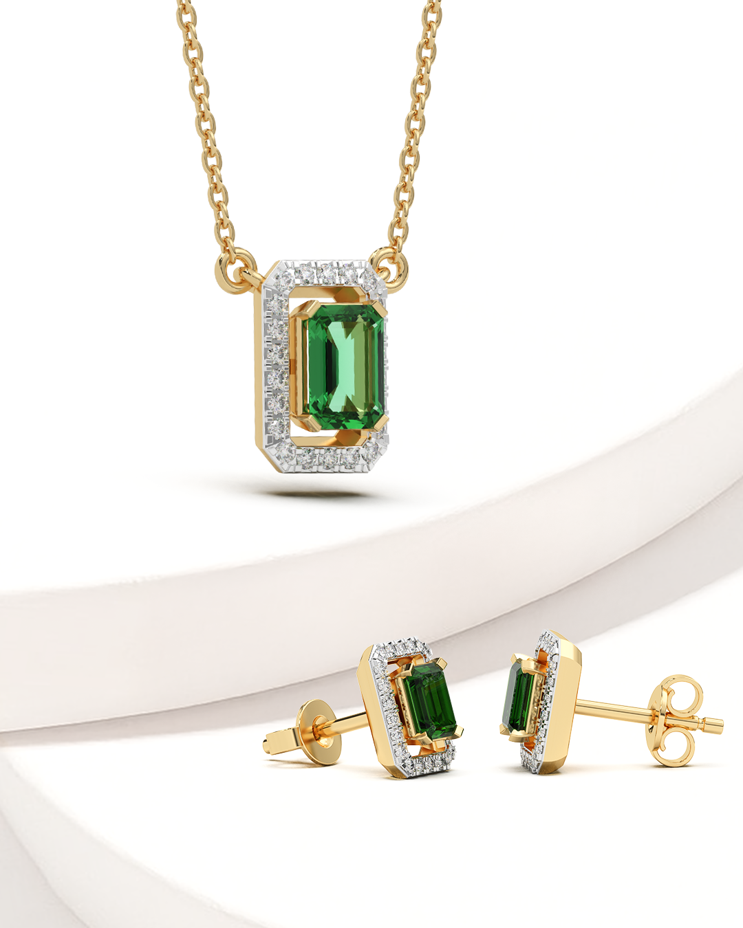 Emerald Halo Necklace & Emerald Halo Studs