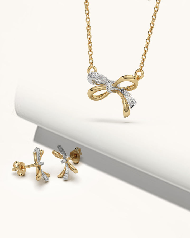 Ribbon Wrap Necklace & Two Tone Knot Studs