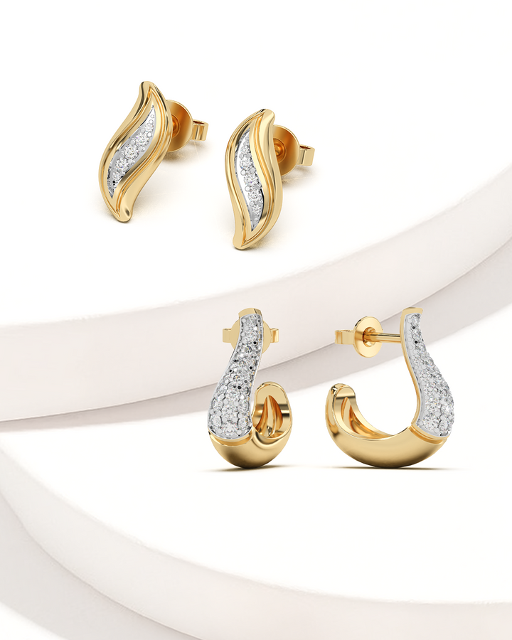 Crystal Drop Studs & Wave Motif Earring