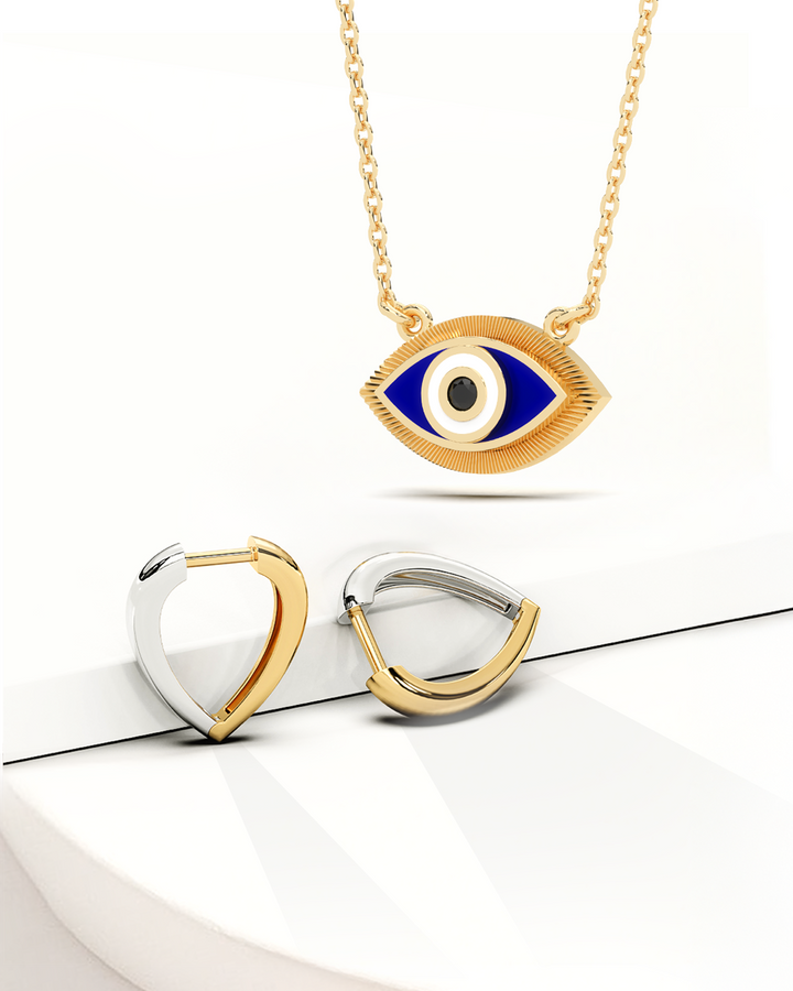 Blue Eye Necklace & Teardrop Hoop Huggies