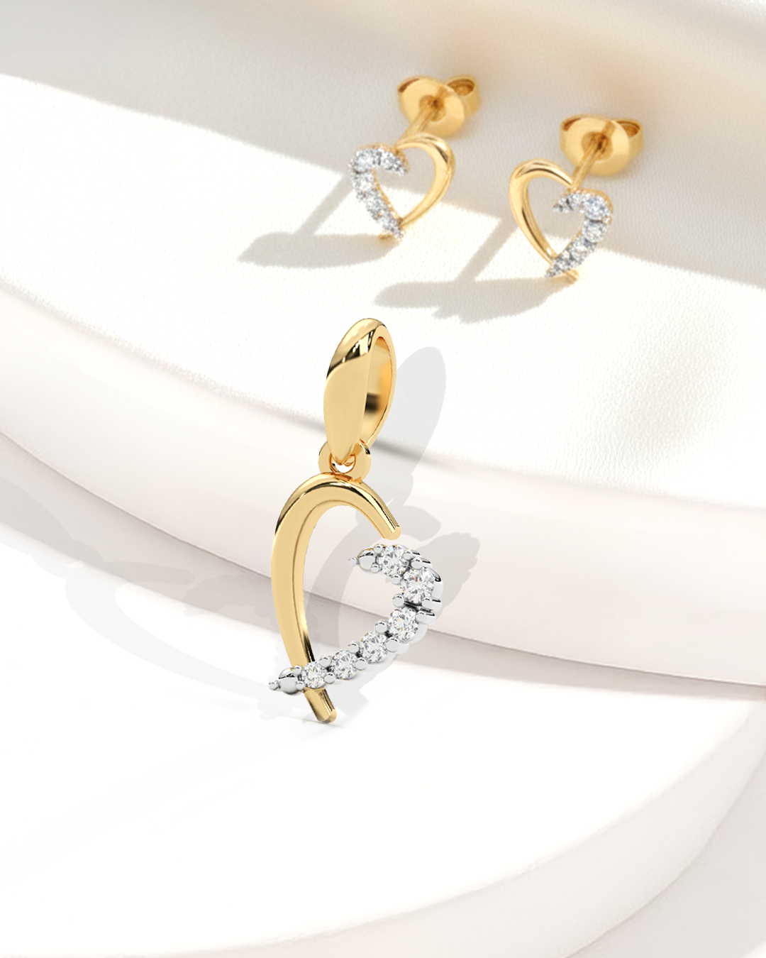 Curved Heart Studs & Heart Drop Pendant